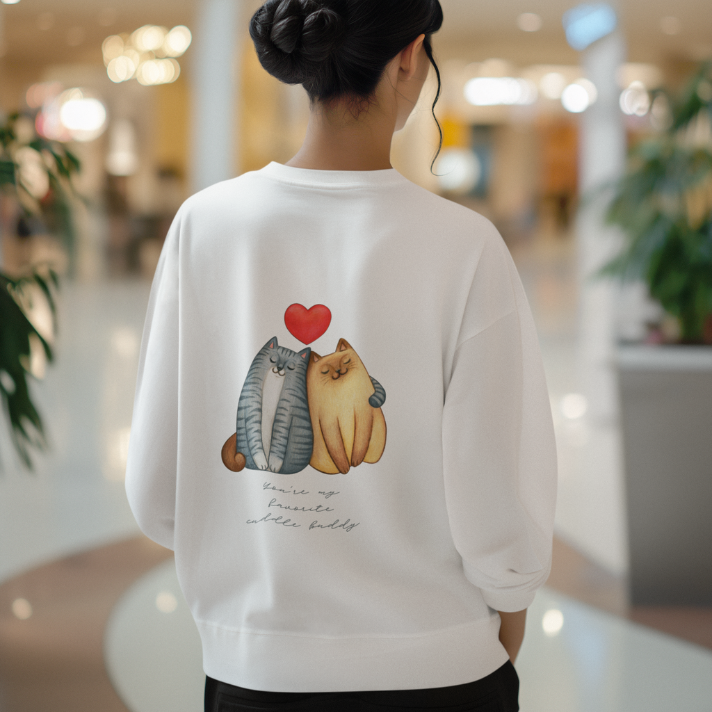 Cat Couple Crewneck Sweatshirt — Cute Cats with Heart Back Print